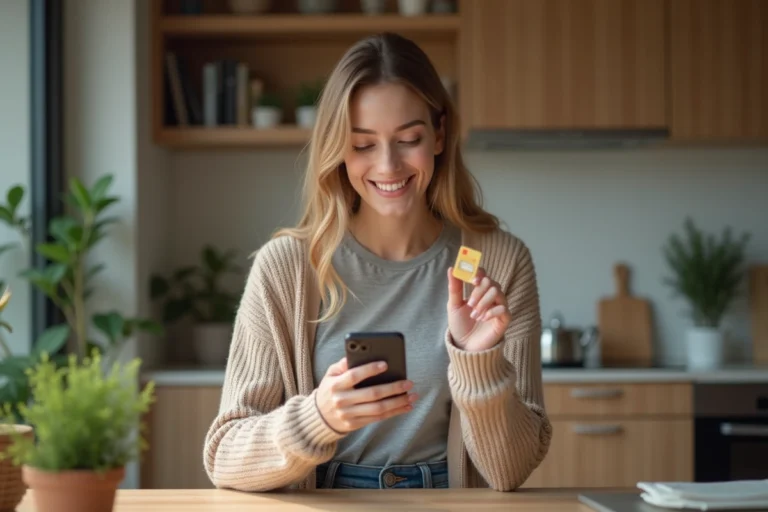 Jeune femme souriante tenant une carte SIM dans une cuisine moderne