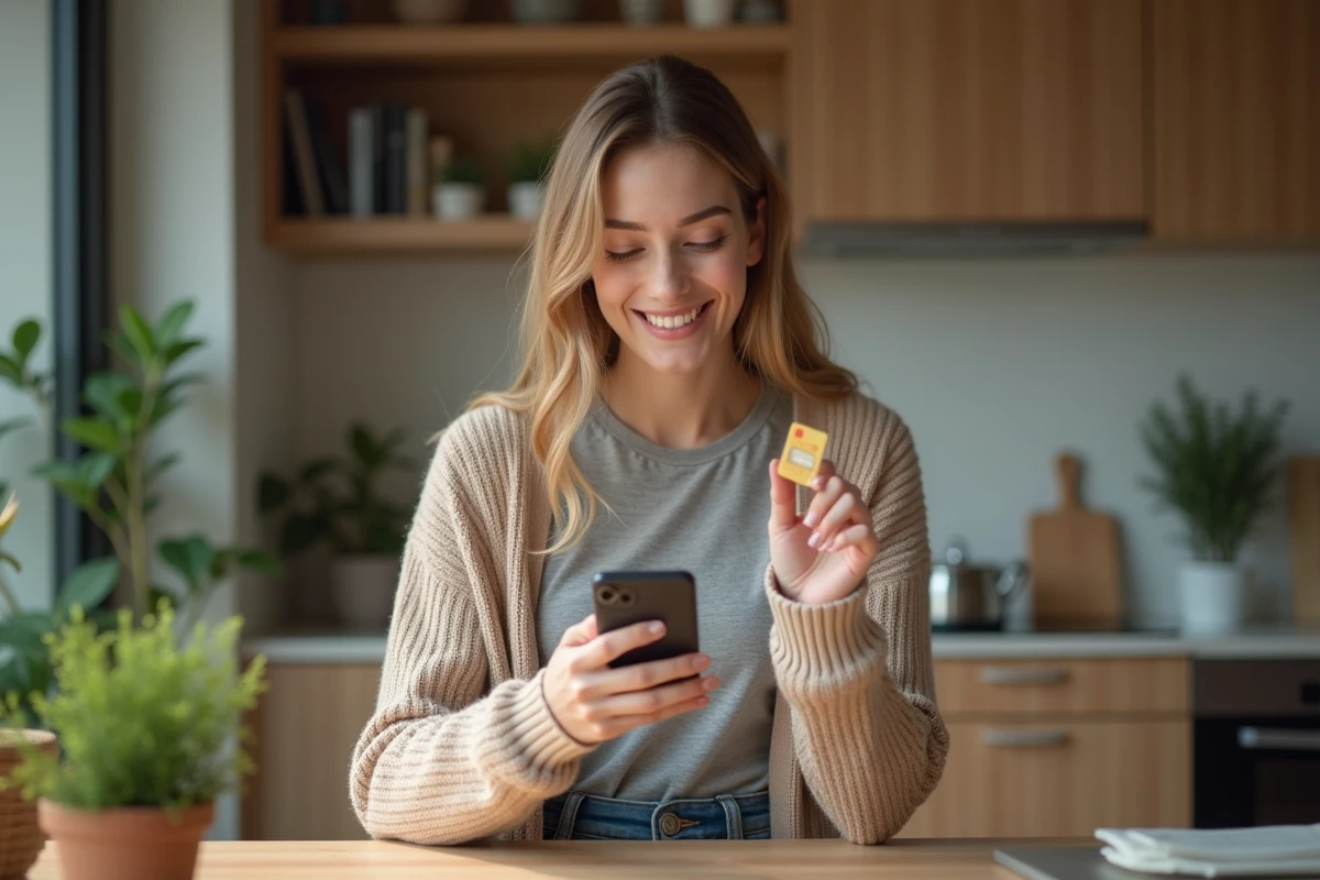 Jeune femme souriante tenant une carte SIM dans une cuisine moderne