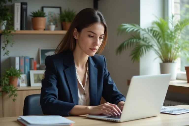 Jeune femme professionnelle travaillant sur son ordinateur dans un bureau à domicile