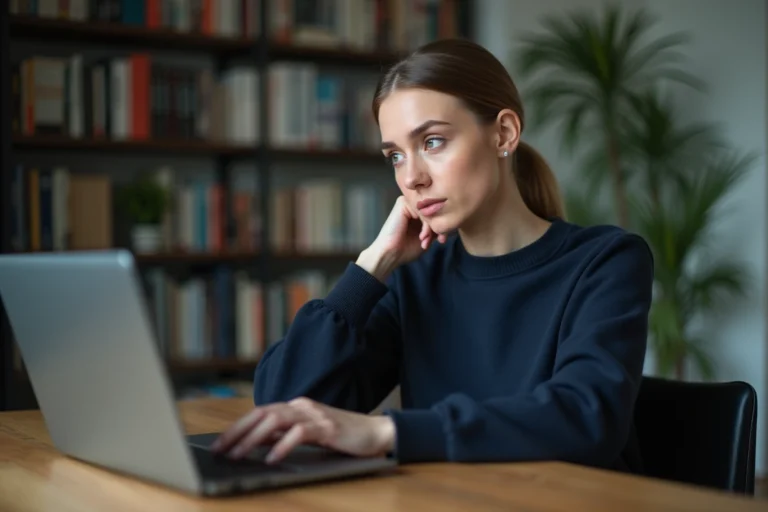 Femme vérifiant l'adresse URL d'un site de streaming sur son ordinateur portable pour éviter les arnaques