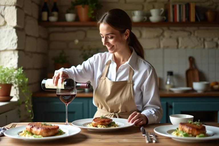 Femme versant du vin rouge avec filet mignon au roquefort