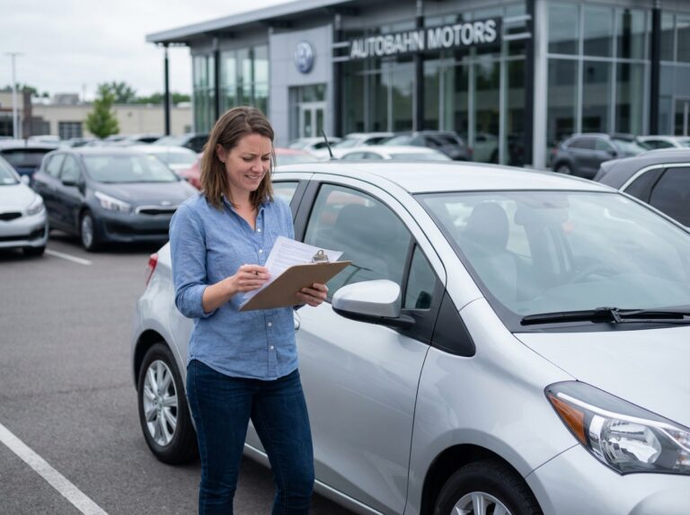 Jeune femme avec un clipbord près d'une voiture neuve