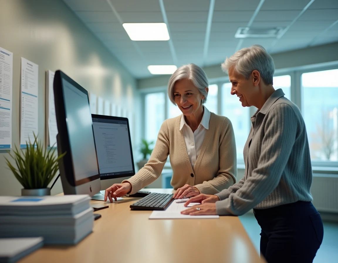 Deux agentes administratives hospitalières consultant ensemble l'espace agent CGOS sur un ordinateur de bureau