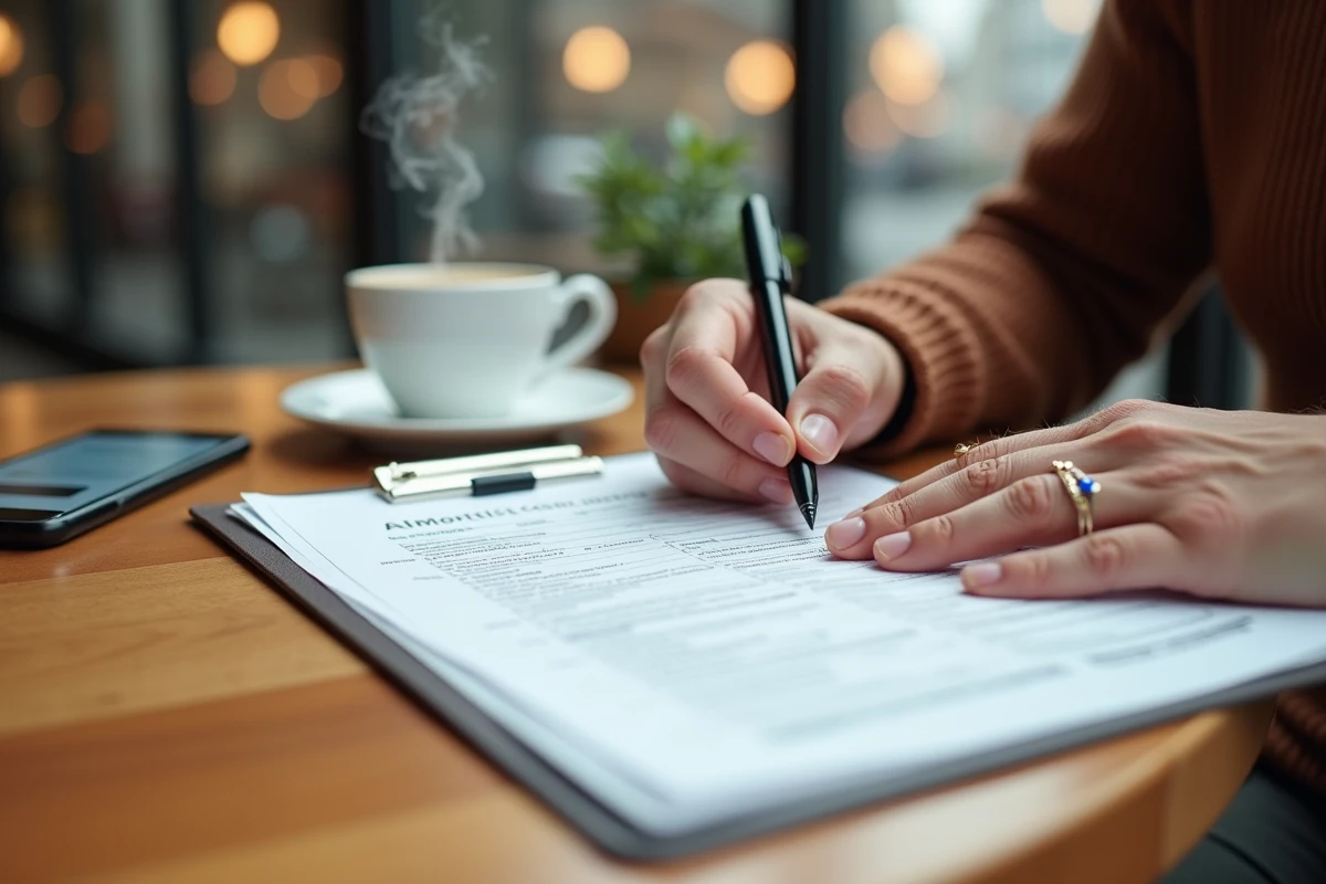 Mains remplissant un formulaire de demande de retrait CPF à 55 ans dans un café