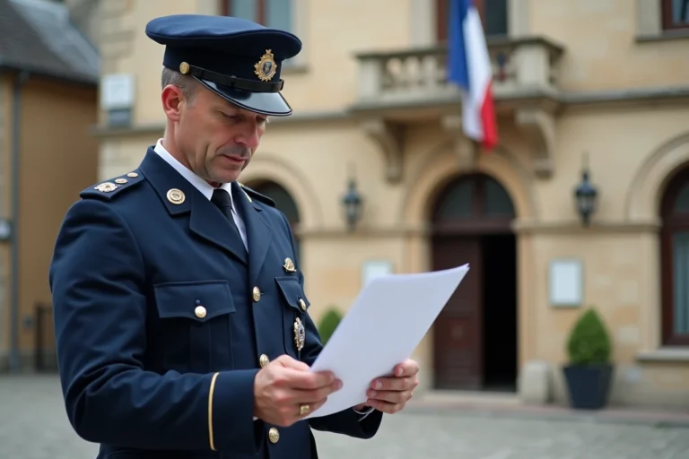 Gendarme en uniforme consultant un document administratif devant une caserne de gendarmerie en France