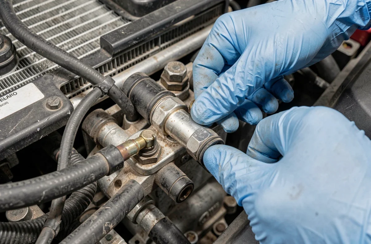 Gros plan sur le rail d'injecteurs et le faisceau de câbles d'une Clio 5 en diagnostic