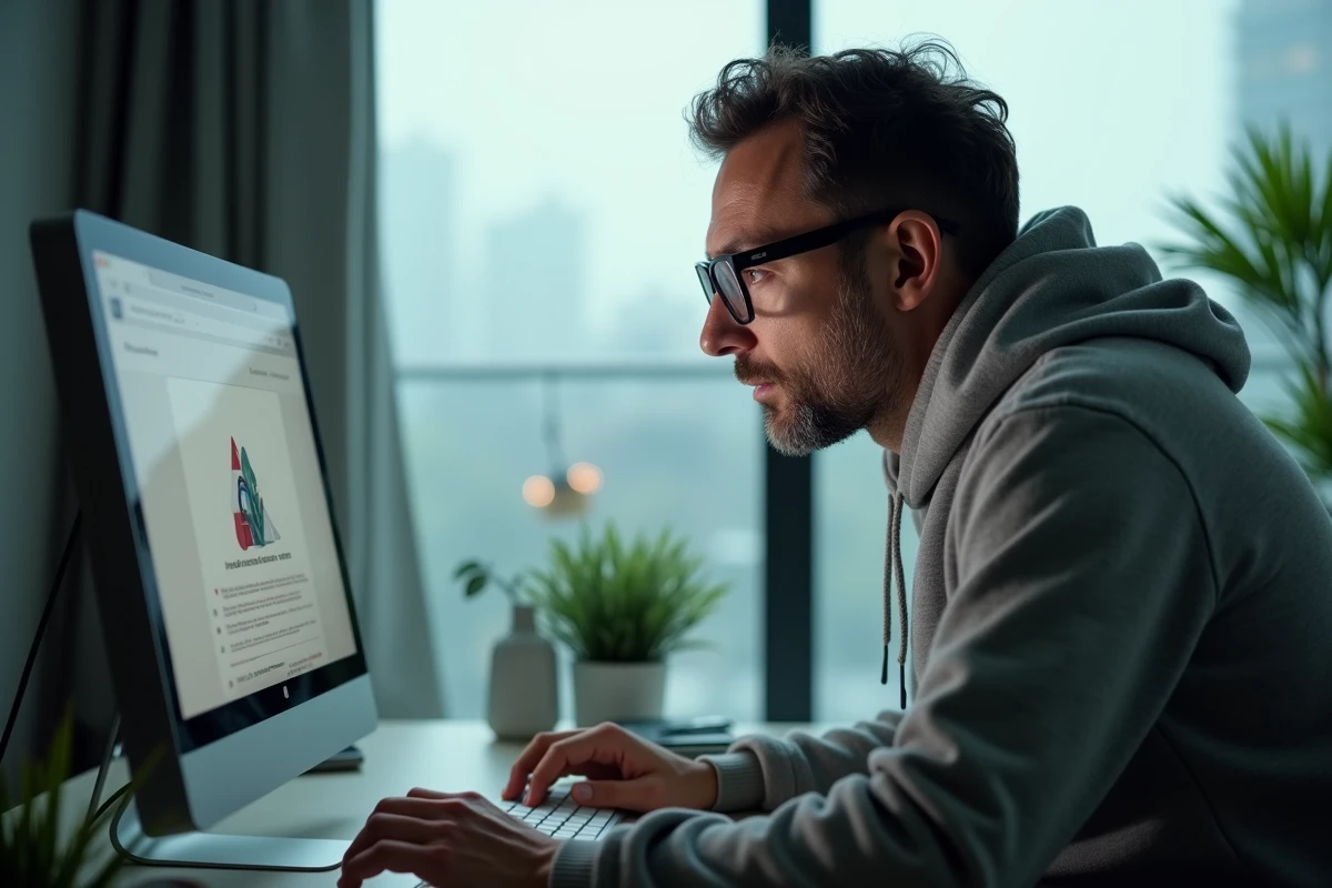 Homme analysant une alerte de sécurité sur un navigateur web pour identifier un vrai site de streaming
