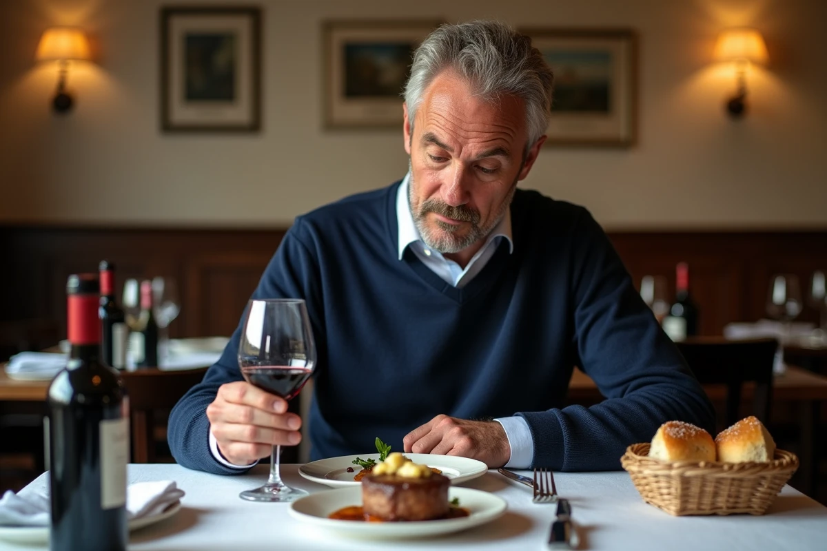 Homme dégustant un vin avec plat de porc au roquefort