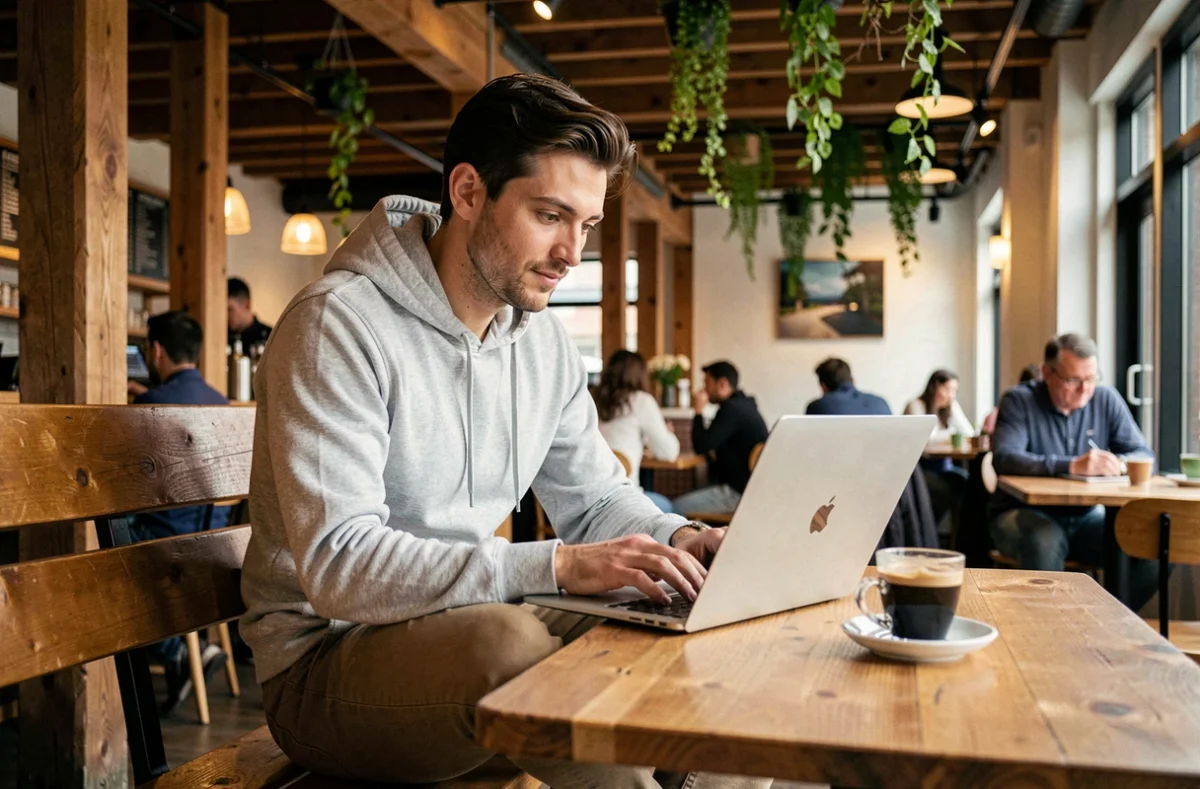 Homme passionné de web et d'innovation consultant un blog technologique sur son laptop dans un café contemporain