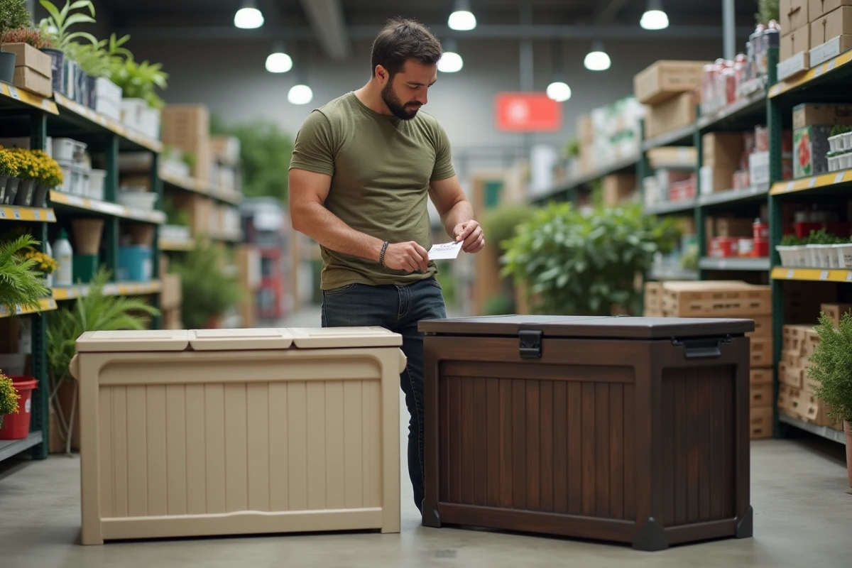 Homme comparant deux coffres de jardin en magasin Brico Dépôt, tenant une étiquette de prix et inspectant les charnières