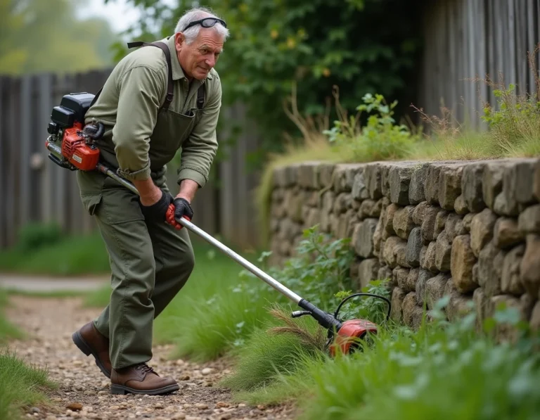 Homme utilisant une débroussailleuse thermique pour tailler les herbes hautes le long d'un mur en pierre dans un jardin rustique