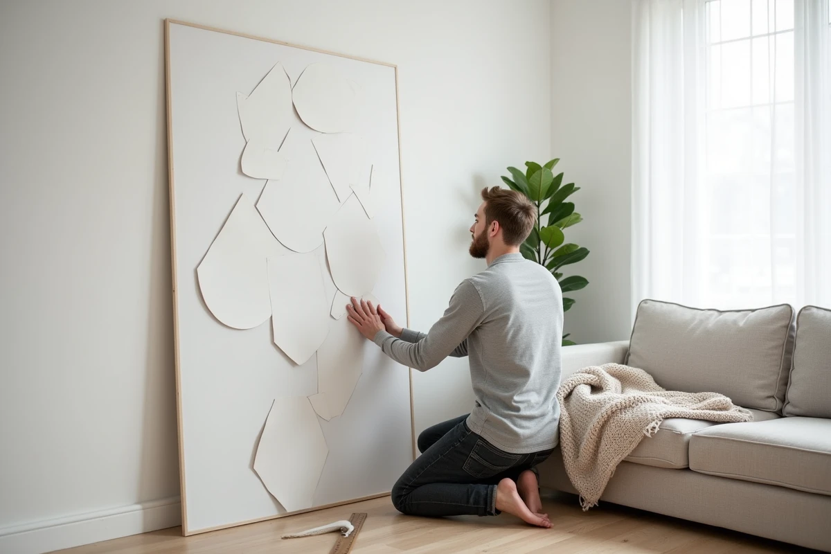 Homme arrangeant des formes géométriques en papier sur un mur blanc dans un appartement au style scandinave minimaliste