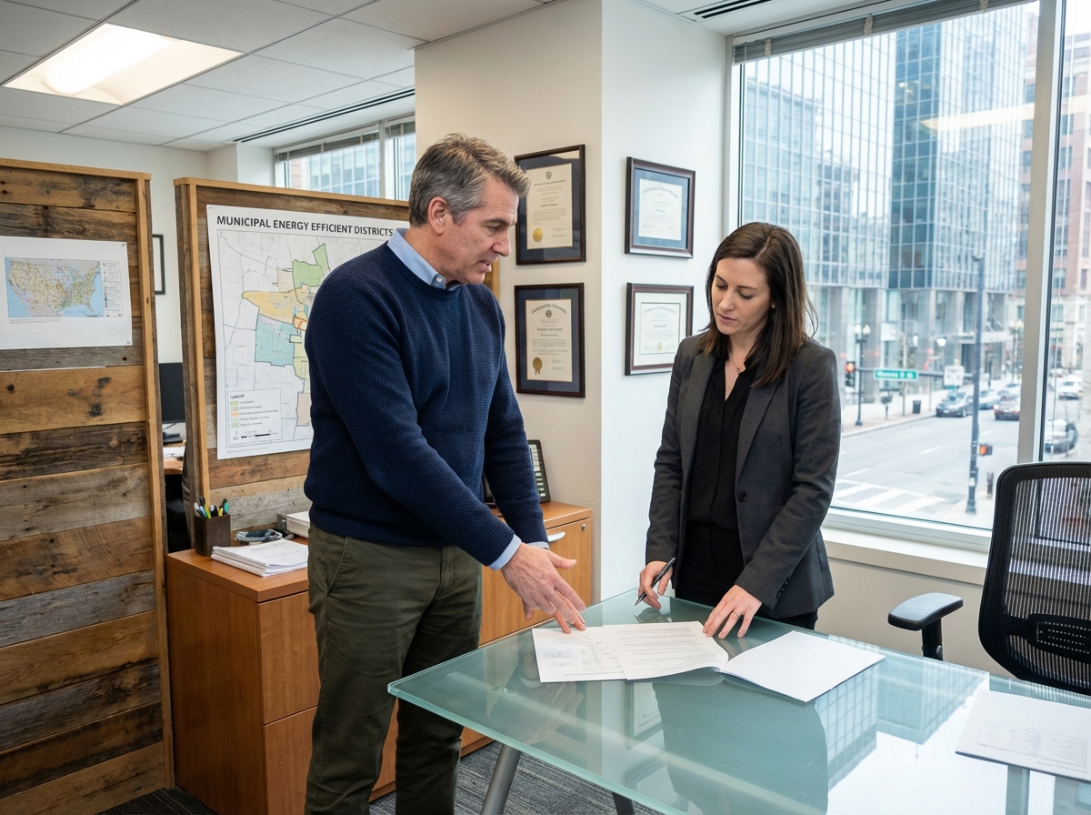 Homme en tenue décontractée discute avec conseiller en bureau urbain