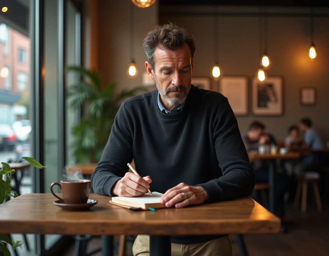 Homme écrivant dans un carnet en cuir dans un café urbain, exprimant sa créativité par l'écriture dans un cadre authentique et inspirant
