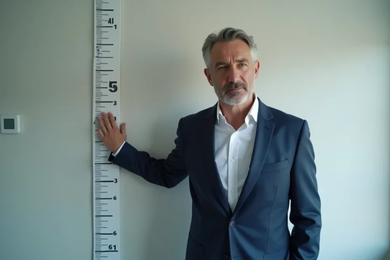 Homme d'âge moyen en costume sur un mur de mesure