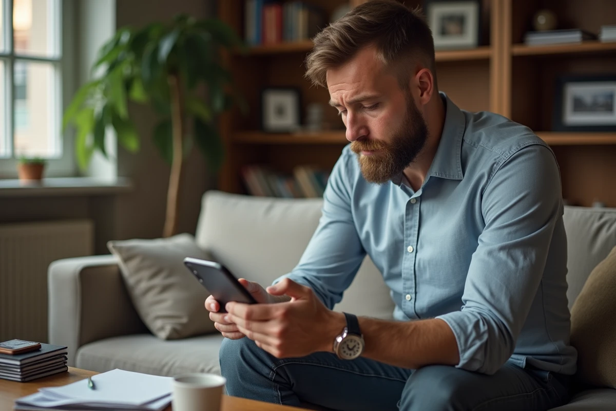 Homme concentré insérant une carte SIM dans son smartphone au salon