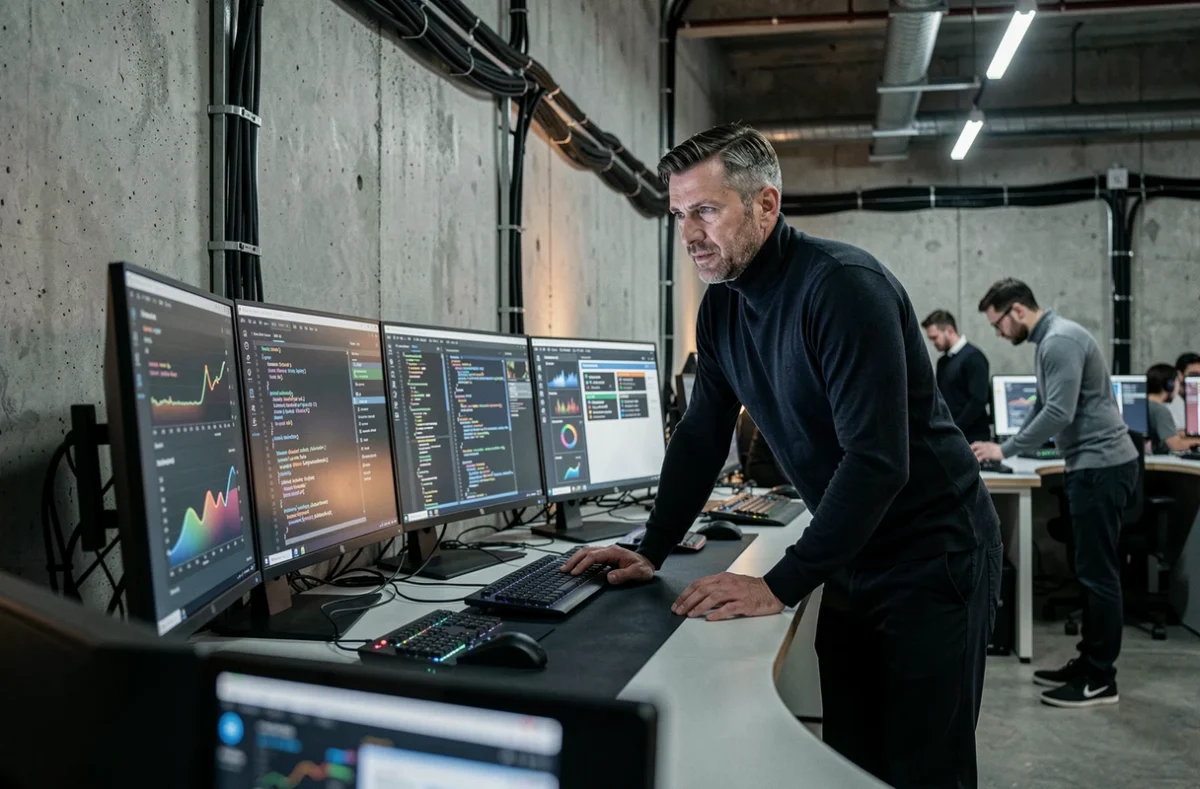 Ingénieur masculin travaillant sur plusieurs écrans avec tableaux de bord de données et intelligence artificielle dans un laboratoire d'innovation