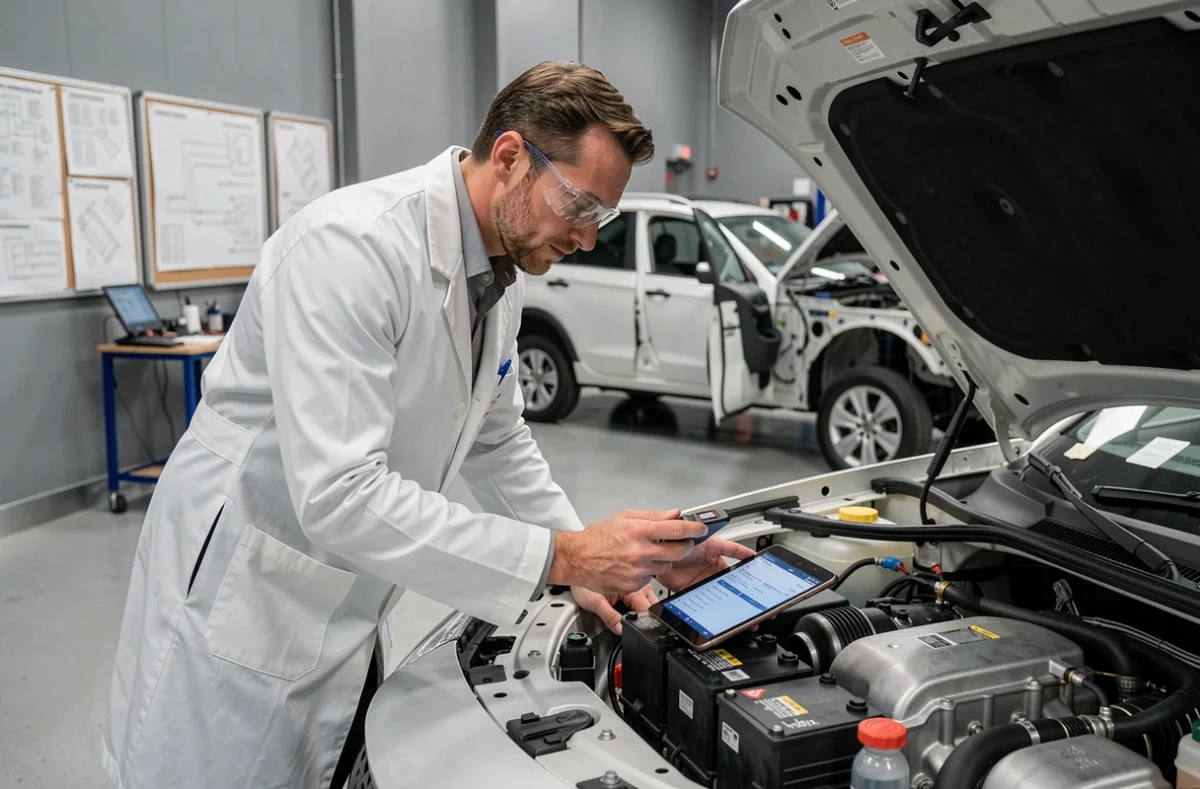 Ingénieur automobile analysant les composants d'un véhicule à hydrogène dans un laboratoire de recherche et développement