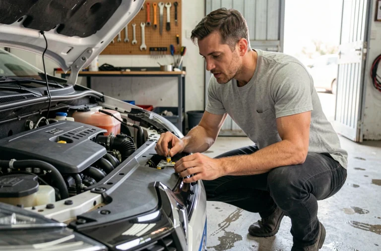 Homme inspectant le système d'injection du moteur d'une Renault Clio 5 dans un garage