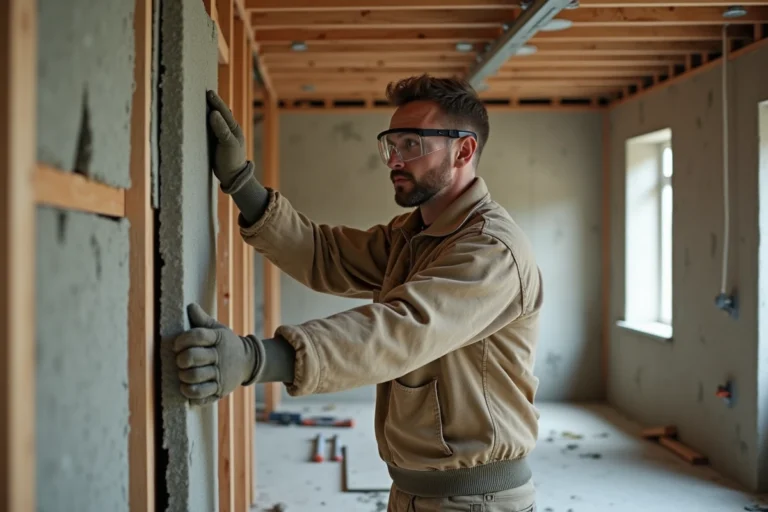 Ouvrier appliquant des panneaux de laine minérale sur un mur intérieur lors d'une rénovation résidentielle