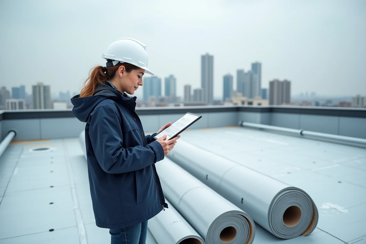 Architecte féminine inspectant l'isolation thermique d'un toit-terrasse commercial en milieu urbain