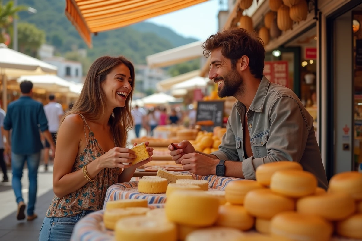 Jeune couple dégustant du fromage au marché de Bordighera