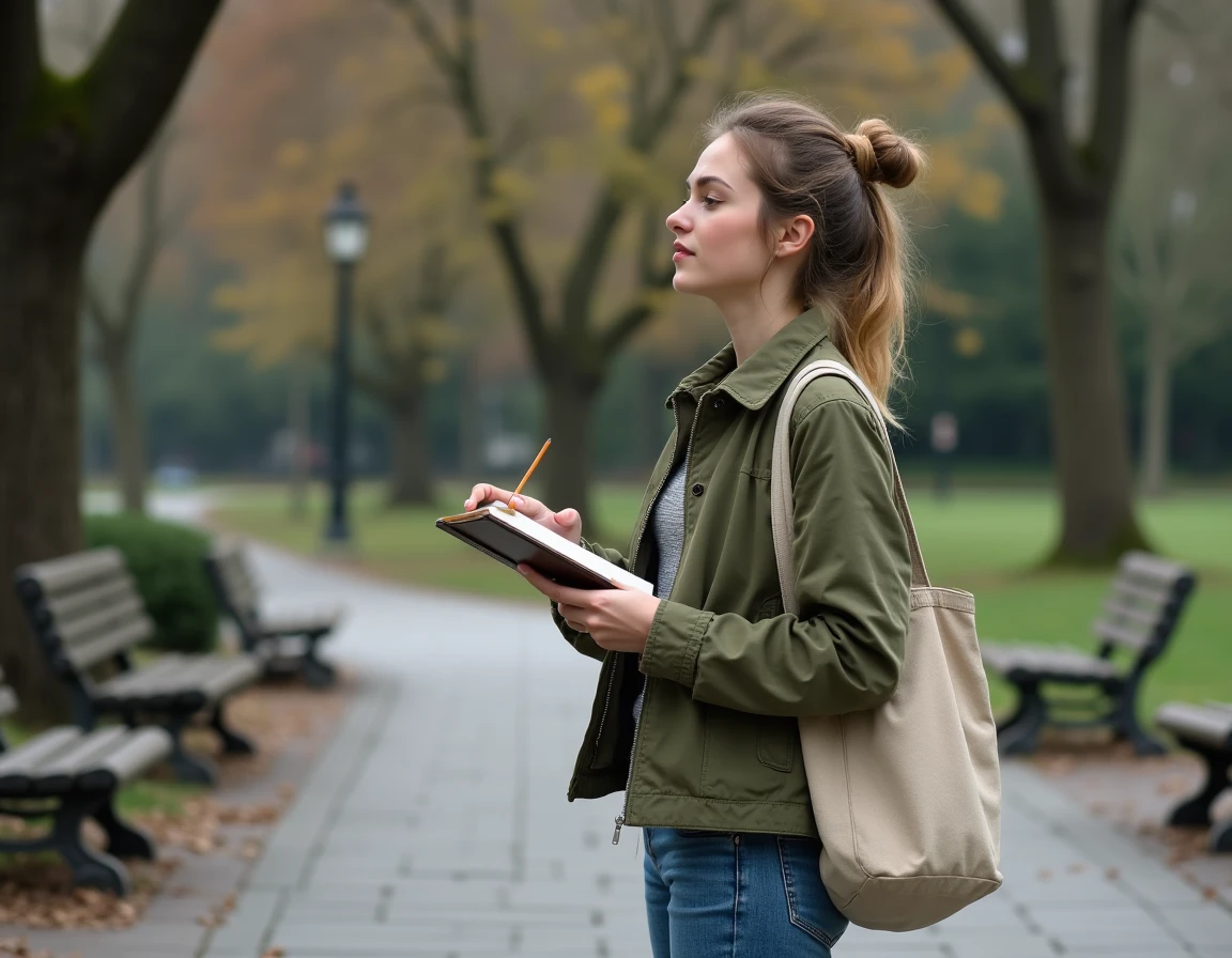 Jeune femme tenant un carnet de croquis dans un parc urbain, illustrant la créativité comme outil d'expression et d'observation du monde quotidien
