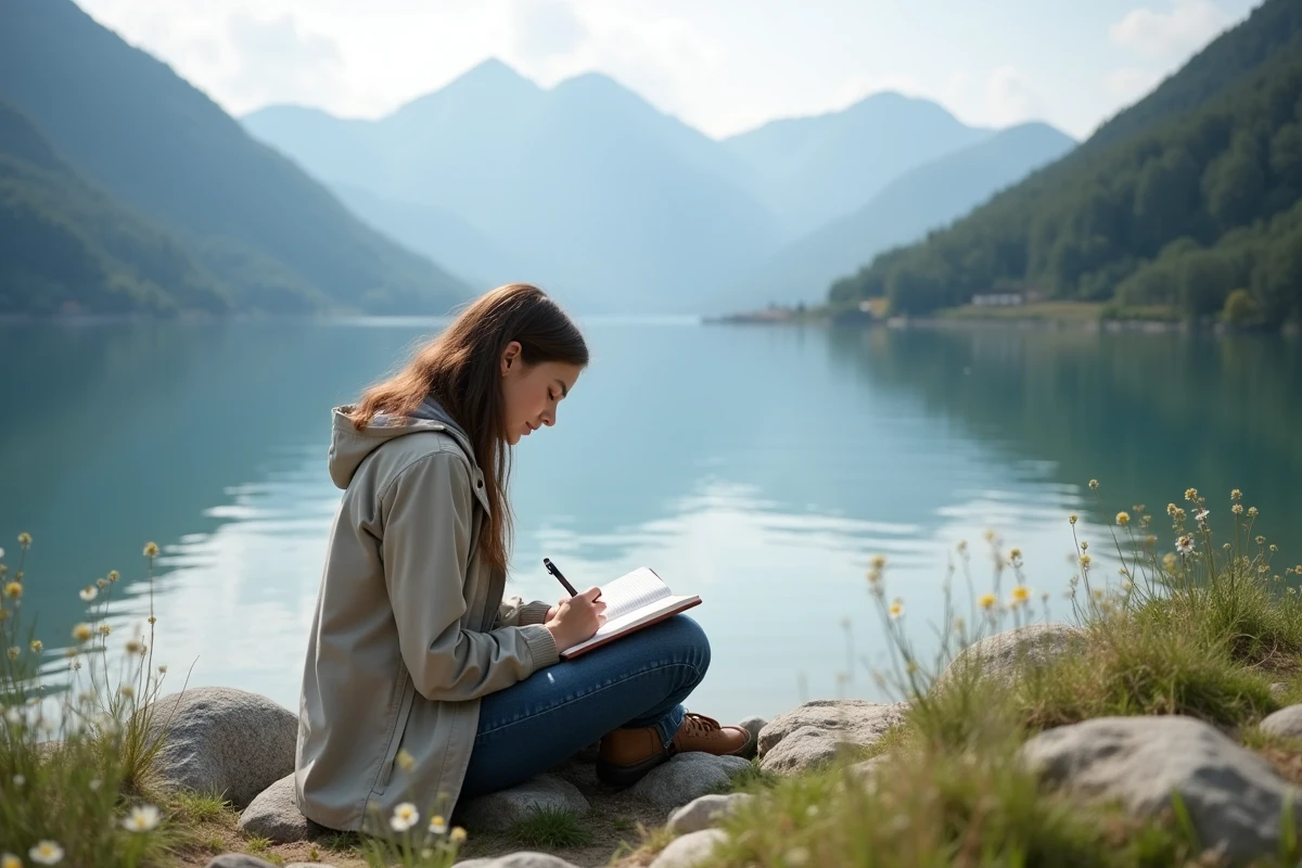 Jeune femme écrivant dans un journal près du lac