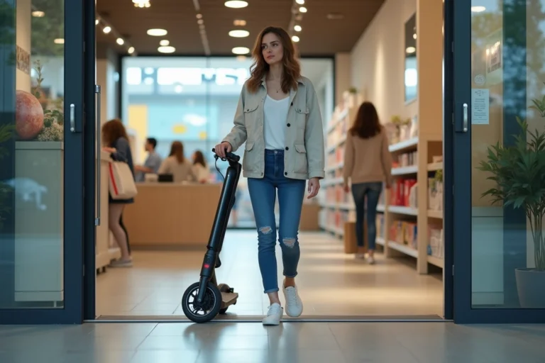 Jeune femme entrant dans un magasin avec un scooter électrique