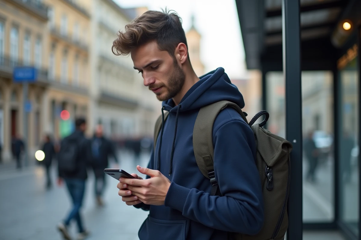 Jeune homme dehors utilisant son smartphone près d’un bus