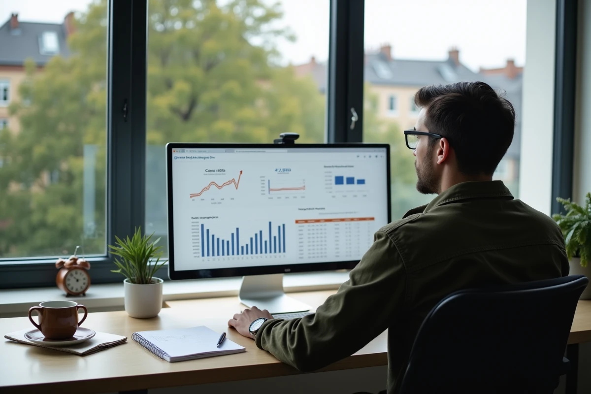 Jeune homme travaillant sur des stratégies de marketing digital depuis un bureau à domicile minimaliste avec double écran