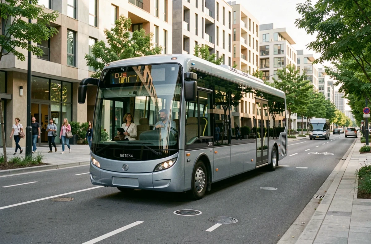 Navette autonome circulant dans une avenue de ville intelligente avec passagers visibles et infrastructure connectée