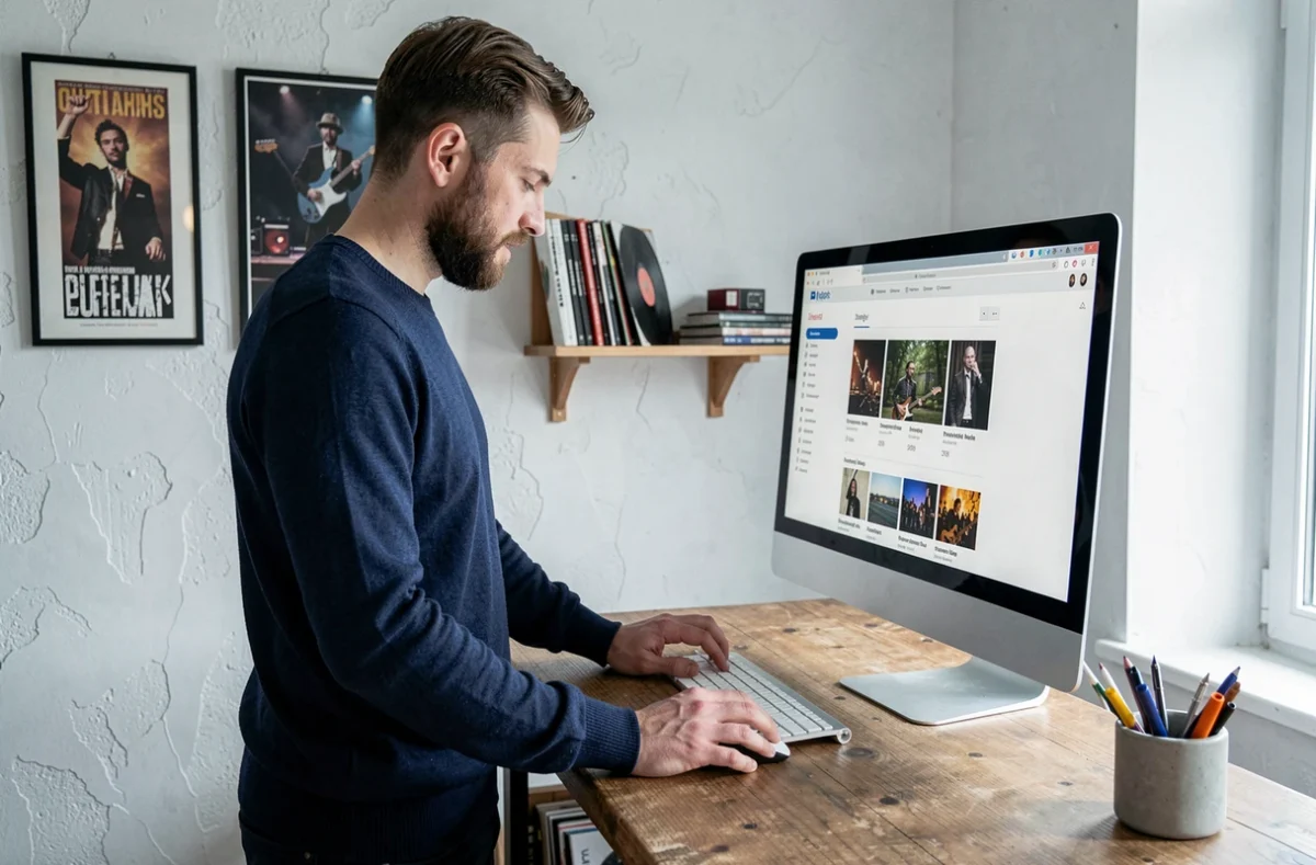 Homme consultant les rubriques du site Trouble Fête depuis un bureau minimaliste à domicile
