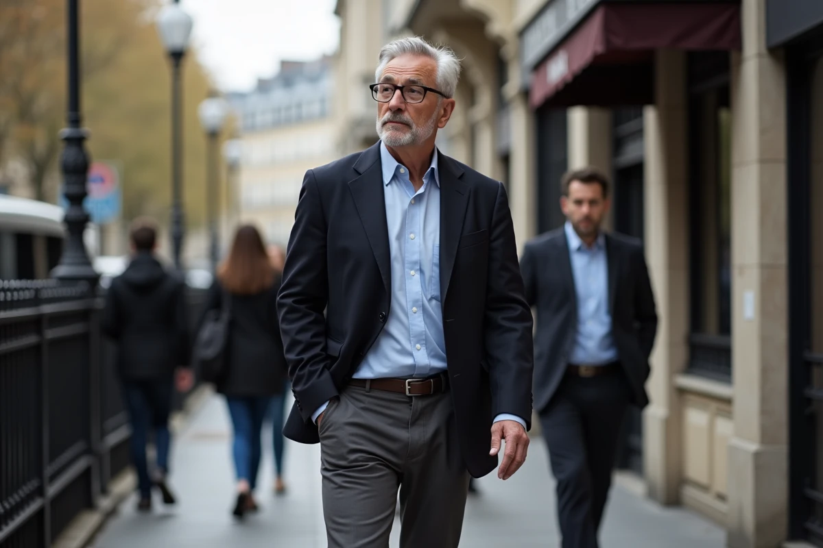 Homme en blazer marche dans une rue parisienne animée