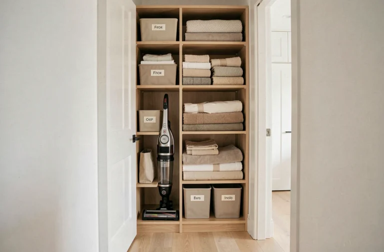 Placard d'entrée bien organisé avec aspirateur vertical rangé entre des étagères en bois et des bacs de rangement étiquetés