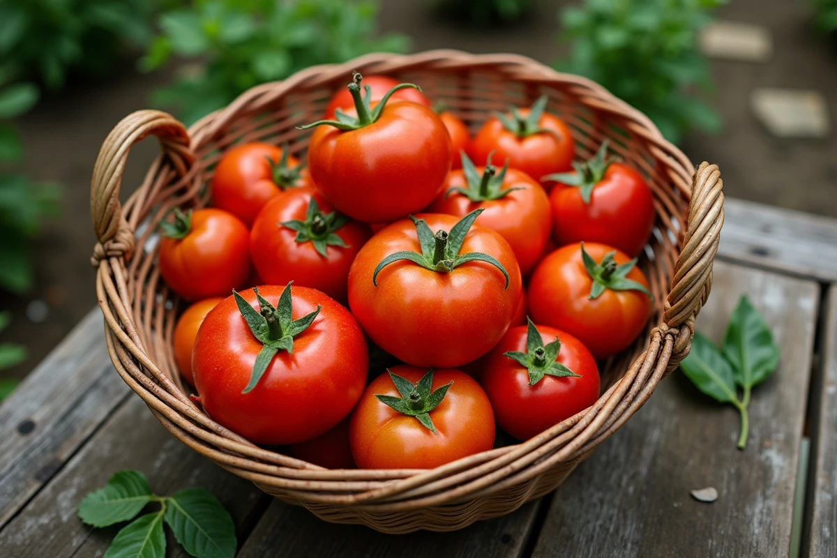 Panier en osier rempli de tomates fraîchement récoltées de différentes variétés posé sur une table de jardin en bois