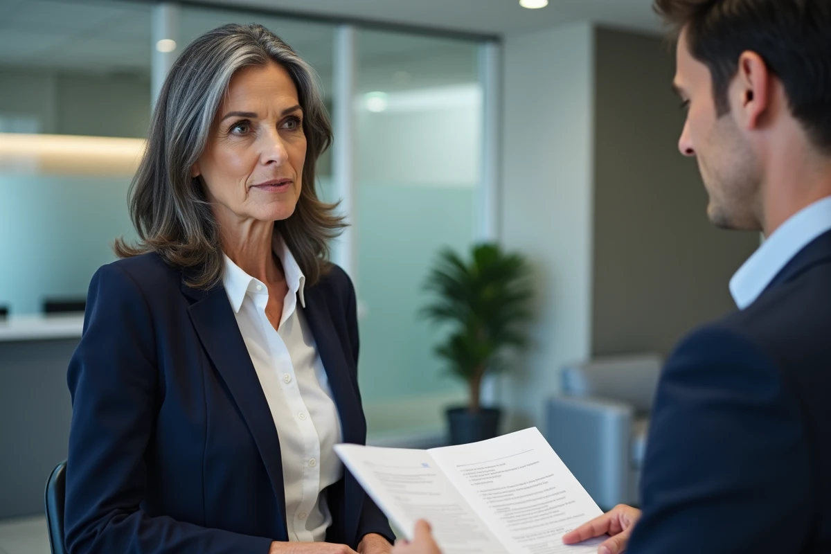 Femme de 55 ans discutant des conditions de retrait CPF avec un conseiller bancaire en agence