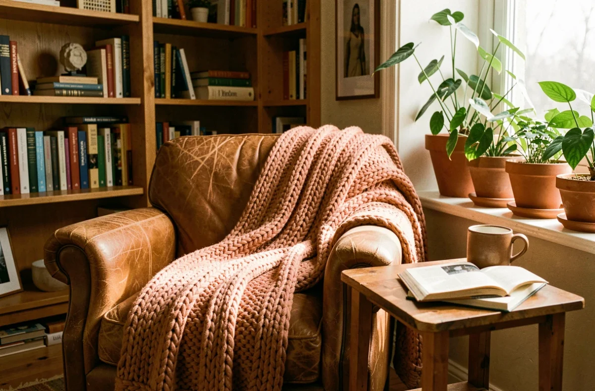 Coin salon chaleureux avec fauteuil en cuir, plaid en laine et plantes vertes pour une ambiance cocooning