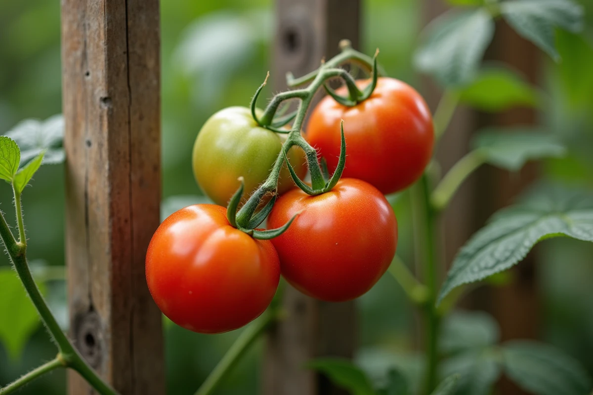 Grappes de tomates à différents stades de maturité sur le plant, du vert au rouge, dans un potager de jardin