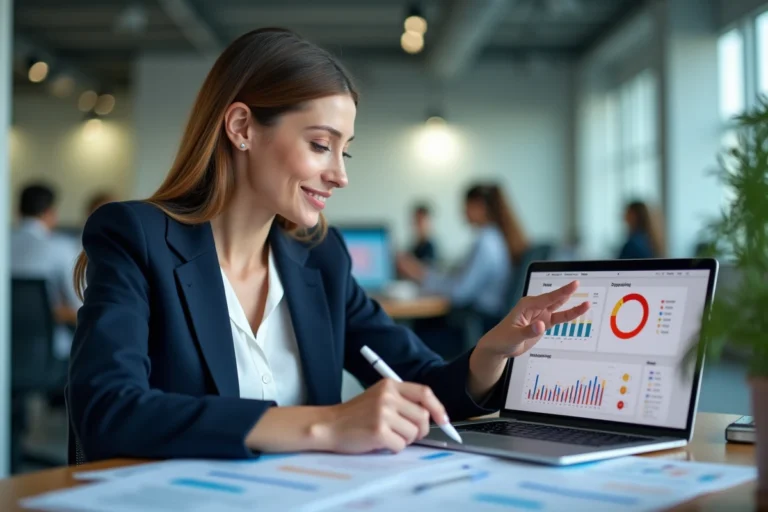 Femme professionnelle analysant des tableaux de bord de marketing digital sur un ordinateur portable dans un bureau moderne