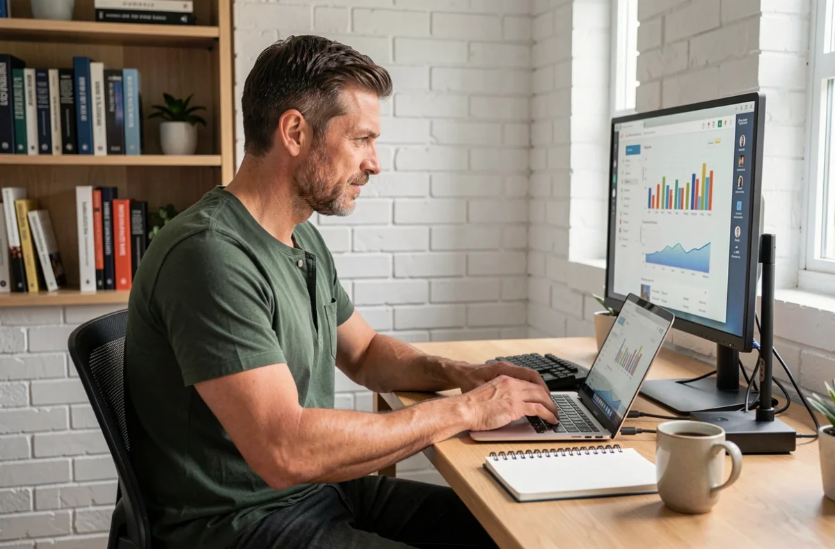 Homme en télétravail dans un bureau à domicile minimaliste utilisant des outils numériques pour améliorer sa productivité