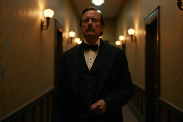 Acteur en costume victorien dans un couloir d'immeuble new-yorkais de la fin du XIXe siècle, ambiance sombre et atmosphérique pour la série The Alienist saison 3