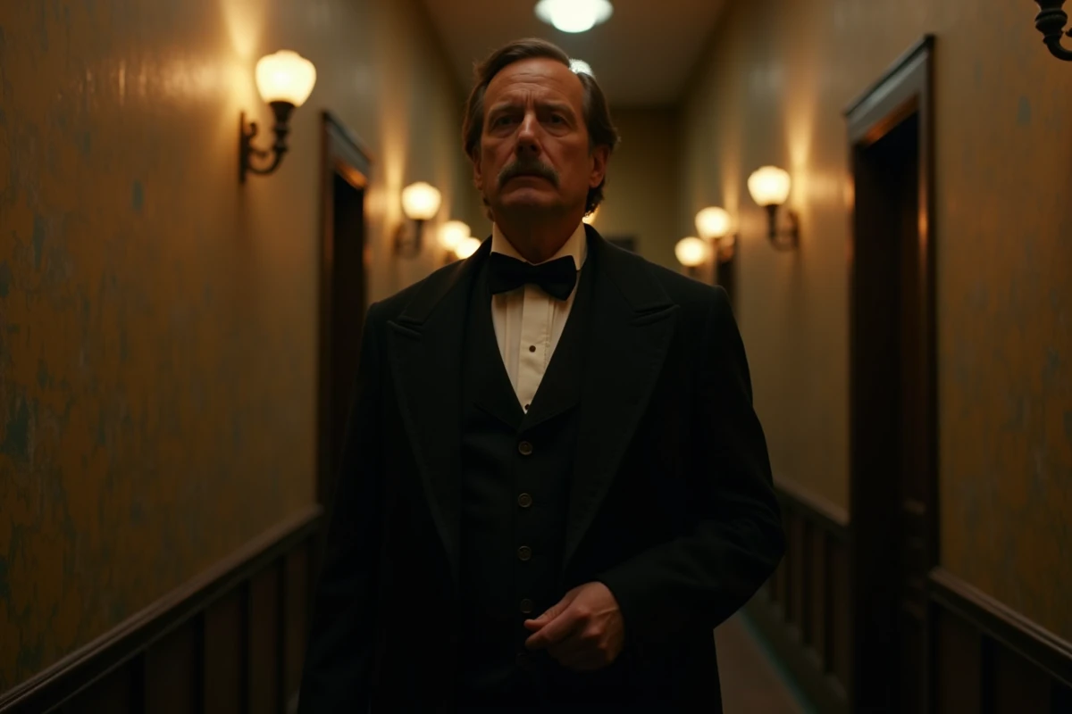 Acteur en costume victorien dans un couloir d'immeuble new-yorkais de la fin du XIXe siècle, ambiance sombre et atmosphérique pour la série The Alienist saison 3