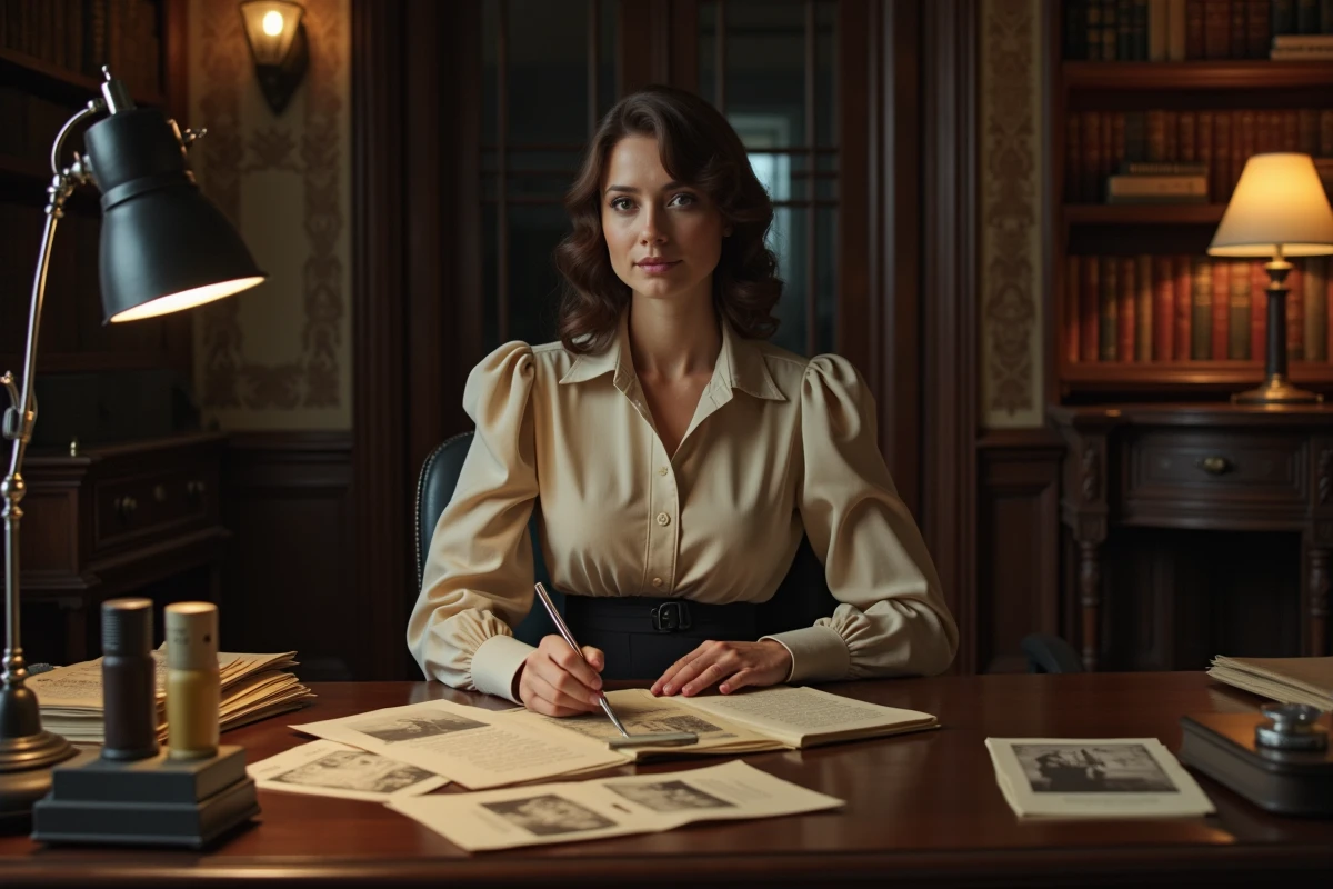 Femme en tenue d'époque victorienne assise à un bureau de détective encombré de dossiers et photographies, décor reconstitué du commissariat new-yorkais de The Alienist
