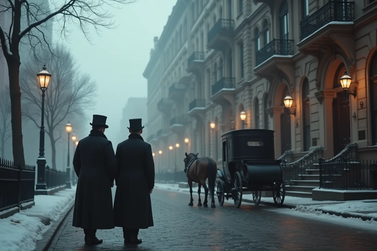 Deux hommes en manteaux et hauts-de-forme victoriens sur une rue pavée brumeuse de New York devant un immeuble Gilded Age, scène d'époque pour illustrer The Alienist saison 3