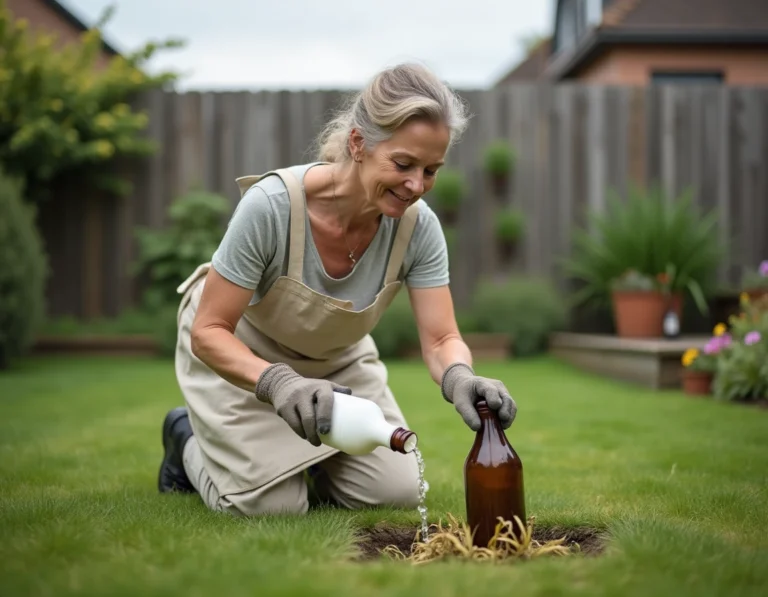 Femme versant du vinaigre blanc sur des mauvaises herbes dans une pelouse de jardin résidentiel