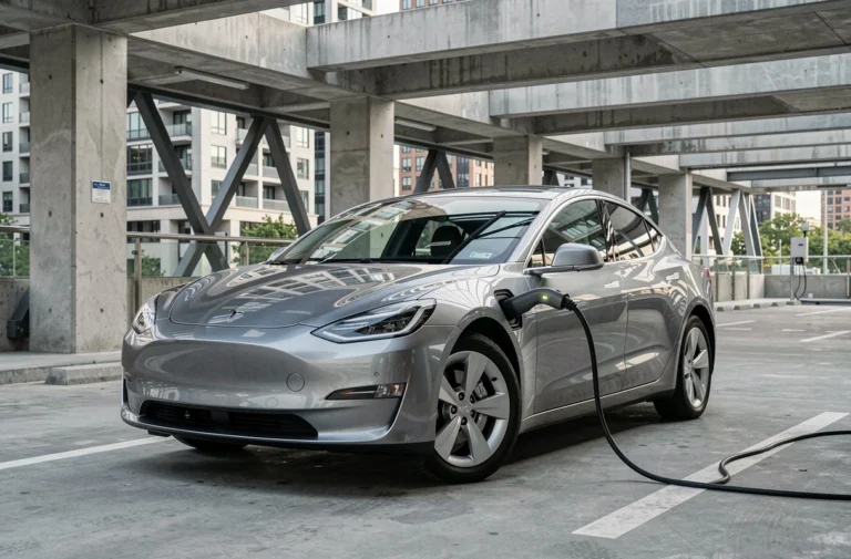 Voiture électrique branchée à une borne de recharge dans un parking urbain moderne avec architecture en béton
